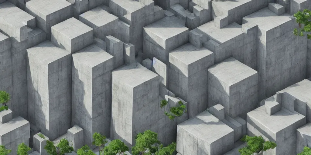 Image similar to cube city, realistic, highly detailed, concrete architecture,