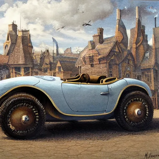 Prompt: a hyperrealistic painting of a steampunk sports car, blue skies, by john kenn mortensen, highly detailed,