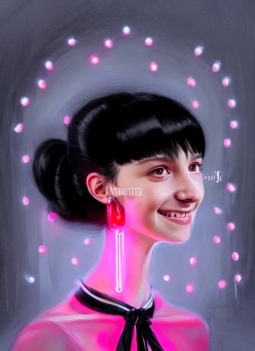 Prompt: portrait of teenage girl, realistic, black hair, bangs, half updo hairstyle, pointy nose, skinny, smile, ugly, defined jawline, big chin, pink hair bow, earrings, intricate, elegant, glowing lights, highly detailed, digital painting, artstation, sharp focus, illustration, art by wlop, mars ravelo and greg rutkowski