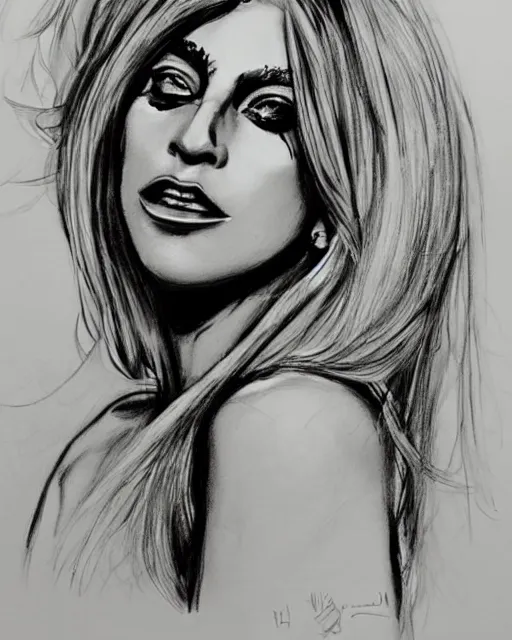 Image similar to lady gaga, court room sketch, fine details, concept art, extremely detailed, black and white, very sharp, in the style of elizabeth williams