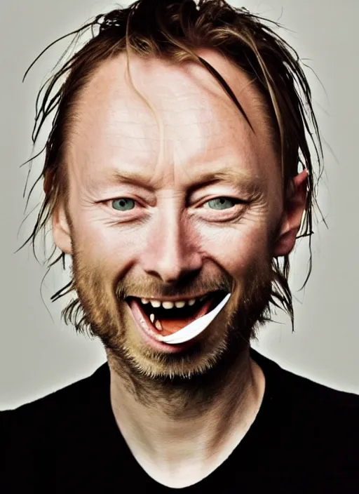 Prompt: a portrait of thom yorke from radiohead holding a spork and grinning weirdly. realistic, photograph, high definition, 4 k, soft lighting