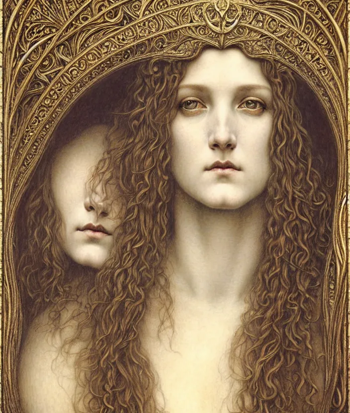 Image similar to detailed realistic beautiful young medieval queen face portrait by jean delville, gustave dore and marco mazzoni, art nouveau, symbolist, visionary, gothic, pre - raphaelite. horizontal symmetry