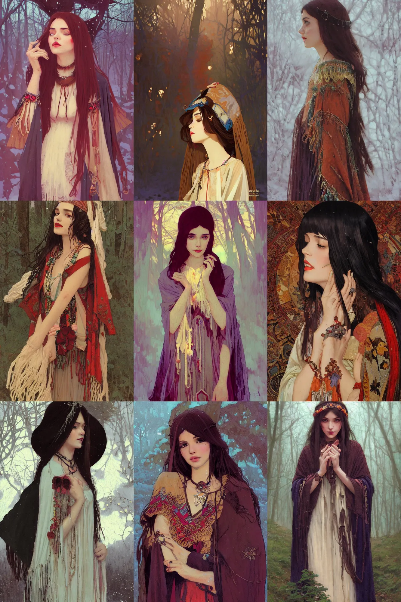 Prompt: pulp art, gorgeous maid, long hair brunette russian girl at witch ritual, wooden jewerly, elegant, boho poncho and dress, winter, dark mood, vibrant, smooth, by ilya kuvshinov, craig mullins, edgar maxence, alphonse mucha, artgerm, sakimichan