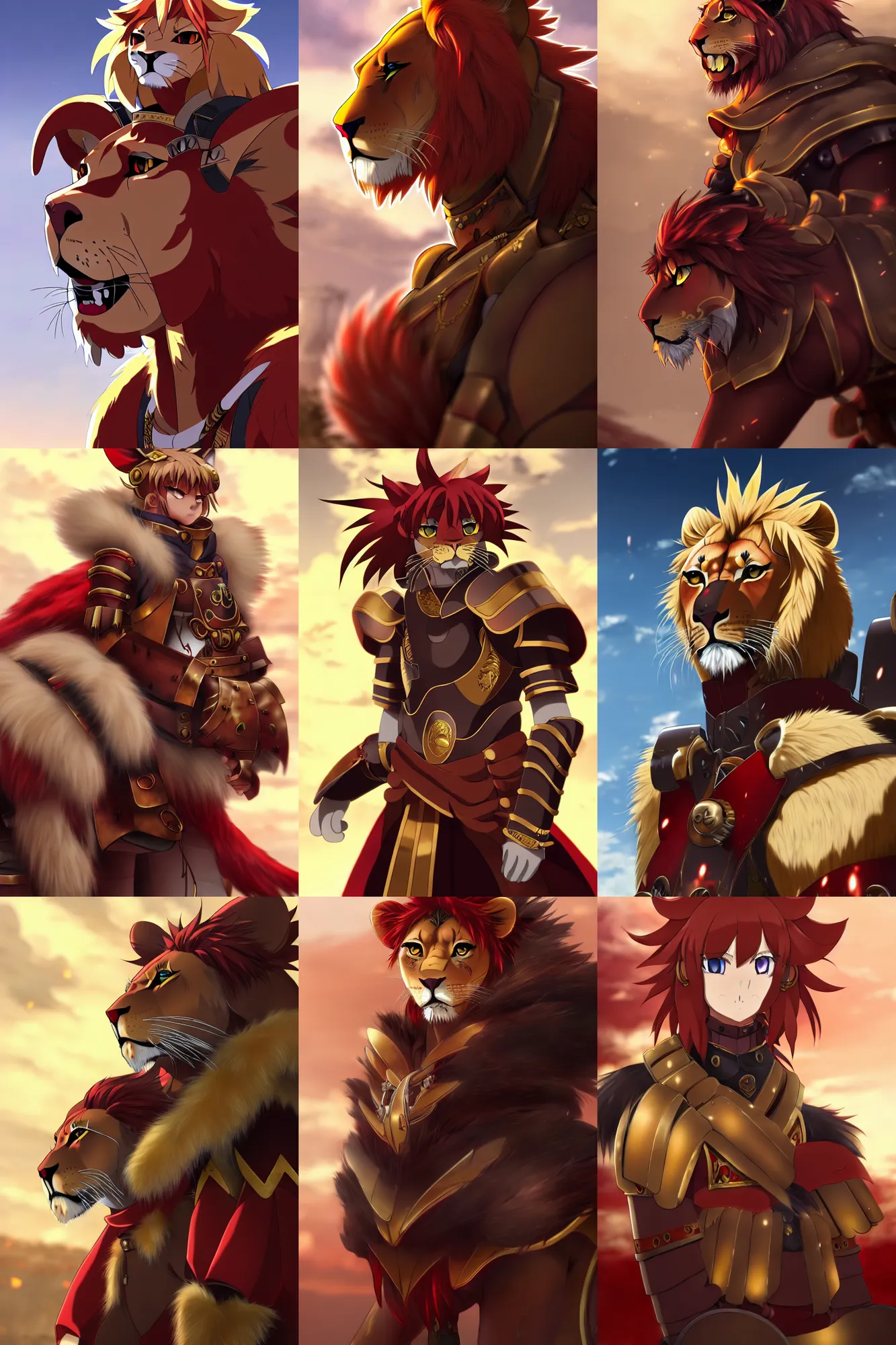 Prompt: scarred experienced lion army general with red and gold roman armor, fursona, anthro, anime key visual, detailed armor, detailed fur, makoto shinkai, portrait