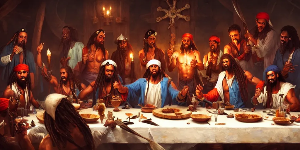 Image similar to pirate of the carribean last supper by greg rutkowski, digital painting, trending on artstation, sharp focus, 4 k