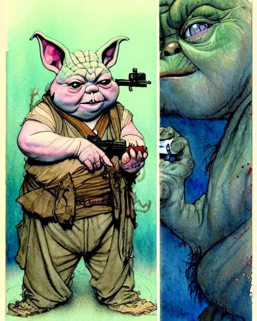 Image similar to a realistic and atmospheric watercolour fantasy character concept art portrait of a fat adorable dirty chibi yoda wearing a wife beater and holding a handgun, by rebecca guay, michael kaluta, charles vess and jean moebius giraud