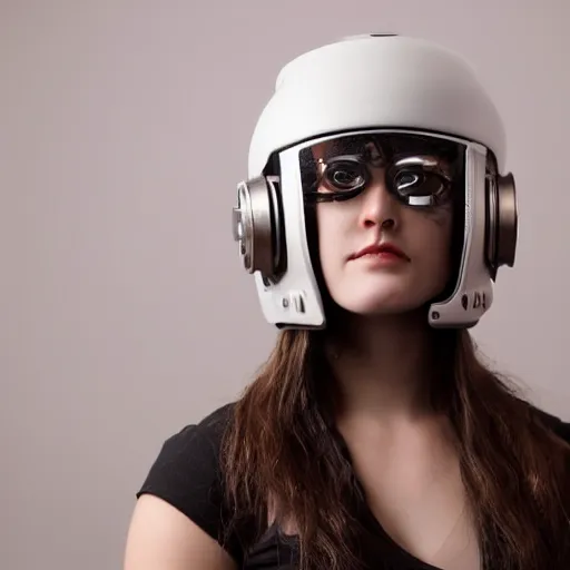 Prompt: fine studio photograph of a young woman wearing a futuristic cyberpunk helmet made of metal, glass and lights, white background, 8k HDR, tasteful artistic lighting, shallow depth of field, intricate