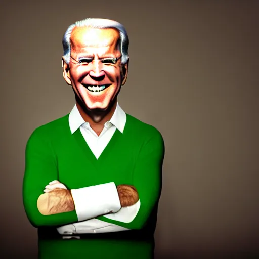 Image similar to uhd candid photo of hyperdetailed joe biden dressed as luigi. correct face, cinematic lighting, photo by annie leibowitz, and steve mccurry.