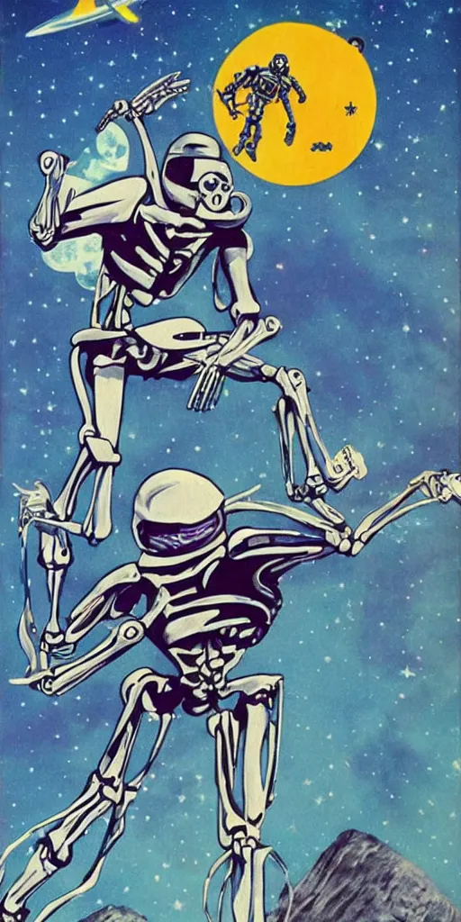 Prompt: retrofuturism, space ranger skeleton robot fighting aliens on the moon of Jupiter