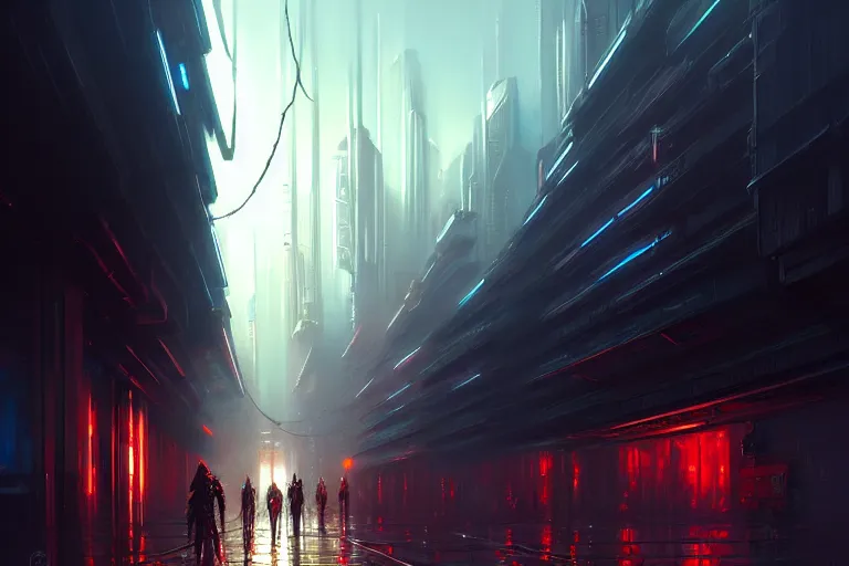 Image similar to gigantic cyberpunk megastructure, sidewalk, size comparsion, night, dramatic lighting, chiaroscuro, high detail, painted by greg rutkowski, painted by igor kieryluk, painted by raymond swanland, trending on artstation