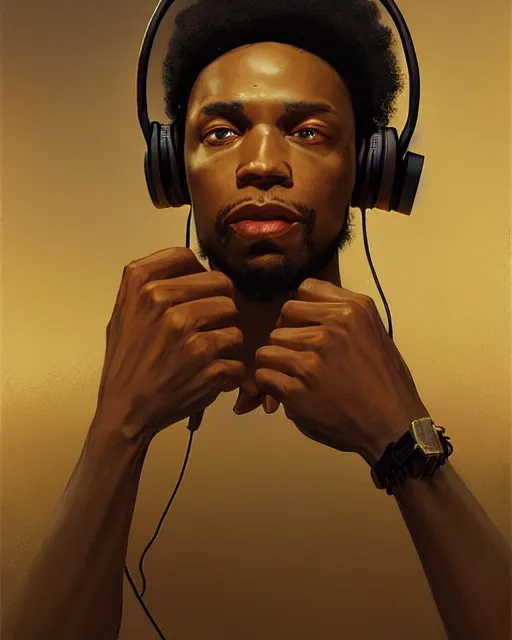 Image similar to light skin black man with headphones at his home studio producing music late at night, very detailed, 4 k, concept art like ernest khalimov, intricate details, highly detailed by greg rutkowski, ilya kuvshinov, gaston bussiere, craig mullins, simon bisley