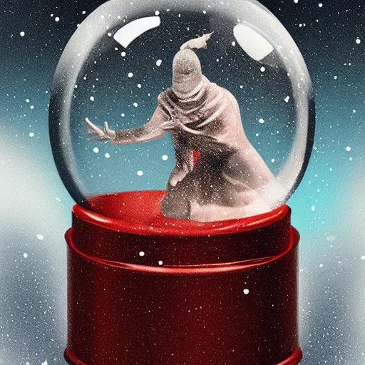 Prompt: A snowglobe with a human trapped inside, the human is terrified banging on the glass, trending on artstation