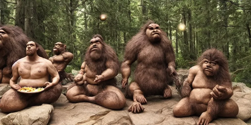 Image similar to photo, three hairy neanderthal people, sumo japanese, eating inside mcdonalds, surrounded by dinosaurs!, gigantic forest trees, sitting on rocks, bright moon, birthday cake on the ground, front view