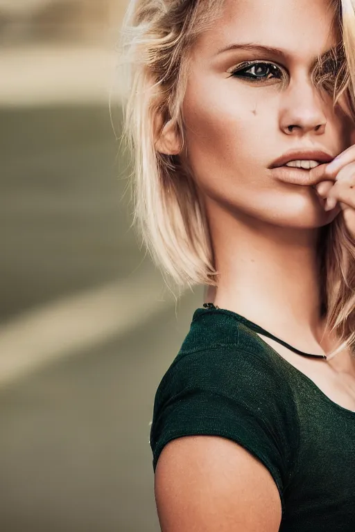 Prompt: photograph of a vintage photo of an olive skinned blonde female model in her twenties, wearing a designer top, looking content, focused on her neck, photo realistic, extreme detail skin, natural beauty, no filter, slr, golden hour, 4 k, high definition, selfie