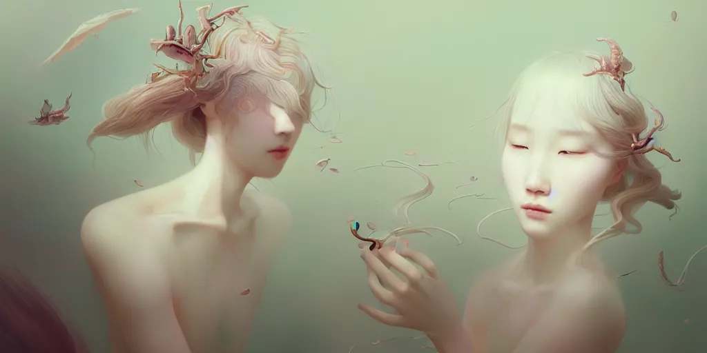 Image similar to breathtaking delicate detailed concept art painting creature, by hsiao - ron cheng, bizarre compositions, exquisite detail, pastel colors, 8 k