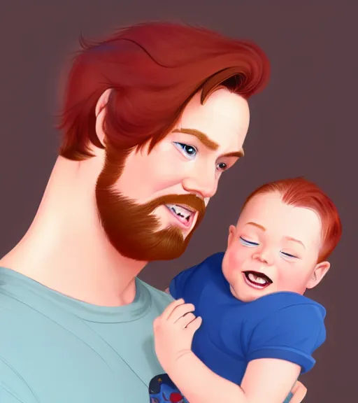 Image similar to a father with short red hair, a short red beard and blue eyes and a slightly chubby face hold his infant son with short brown hair full color digital illustration in the style of don bluth, artgerm, artstation trending, 4 k