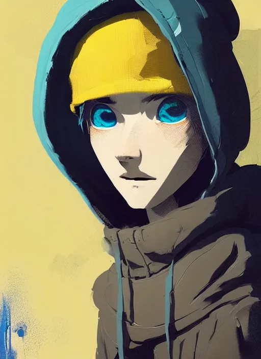 Prompt: highly detailed portrait of a sewerpunk student, blue eyes, hoody, beanie hat, white hair by atey ghailan, by greg rutkowski, by greg tocchini, by james gilleard, by joe fenton, by kaethe butcher, gradient yellow, black, brown and cyan color scheme, grunge aesthetic!!! ( ( graffiti tag wall background ) )