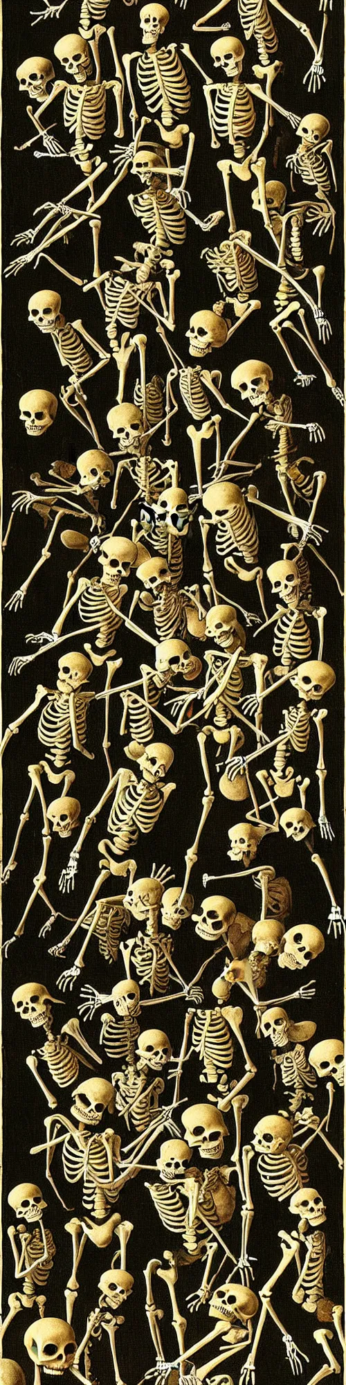 Prompt: skeletons dancing, hieronymus bosch, victor moscoso