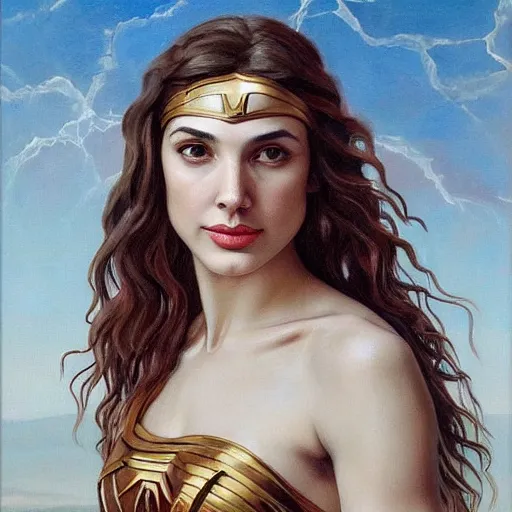 Image similar to Oil painting of the beautiful woman Gal Gadot, she is wearing some withe ancient greek cloths and a surreal ornate, her hair is natural disheveled, naturalism, dramatic lighting, high-detailed oil painting by Ilya Repin, Michelangelo da Caravaggio, William Blake, Alex Grey and Beksinski, trending on Artsatio, masterpiece, 4k, 8k,