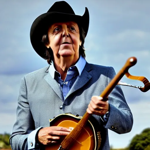 Image similar to Paul McCartney wearing a cowboy hat and playing the banjo! 8k, high definition, highly detailed, photo-realistic