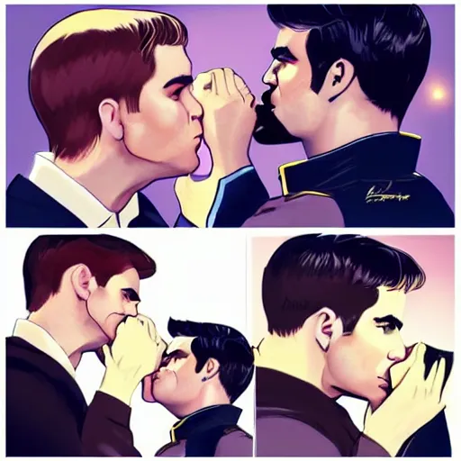 Image similar to ZACHARY QUINTO KISSING CHRIS PINE + SPIRK KISS FANART + SPIRK FANART + YOUTUBE SPEEDPAINT + TUMBLR ART