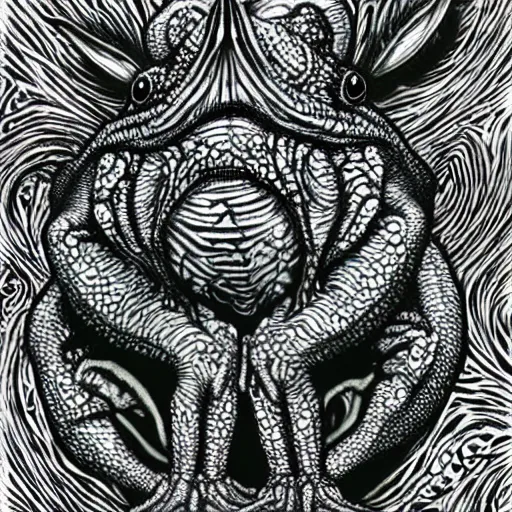 Image similar to closeup of an adorable, eldritch frog abomination of unimaginable horror by h. r. giger and junji ito, speculative evolution, psychedelic illustration, op art with big bold patterns