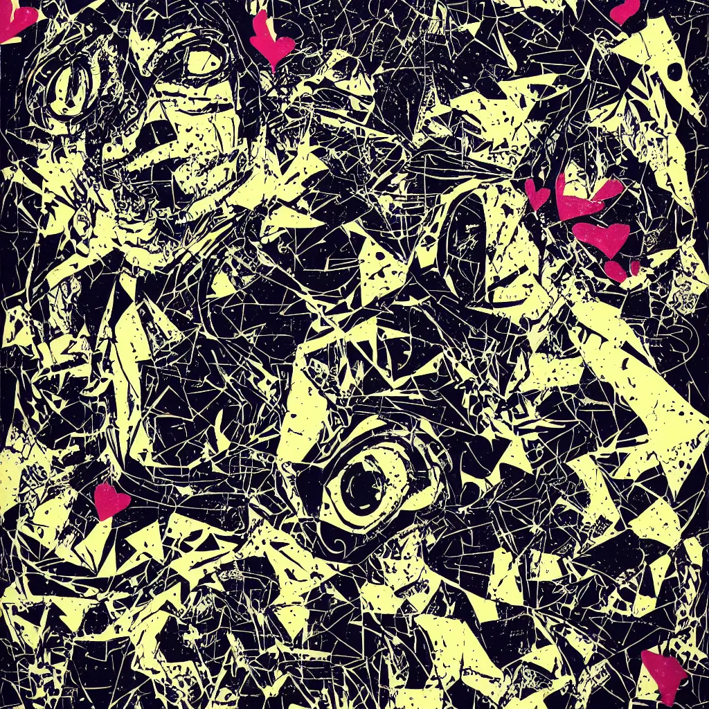 Image similar to person wearing mask, abstract, jet set radio artwork, ryuta ueda artwork, cryptic, rips, spots, asymmetry, stipple, lines, glitches, color tearing, pitch bending, stripes, dark, ominous, eerie, hearts, minimal, points, technical, natsumi mukai artwrok, folds