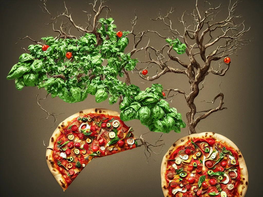 Image similar to highly detailed 3 d render of the mythical tree yggdrasil with leaves that look like pizza toppings, tomato, mozzarella, basil, hyper realistic octane render, cinematic lighting, deviantart, lowbrow, surrealism, pixar still