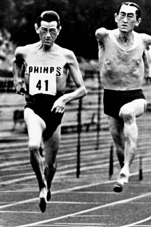 Image similar to Louis zamperini races against emperor Hirohito in the 400 meter,in the style of laurel and hardie