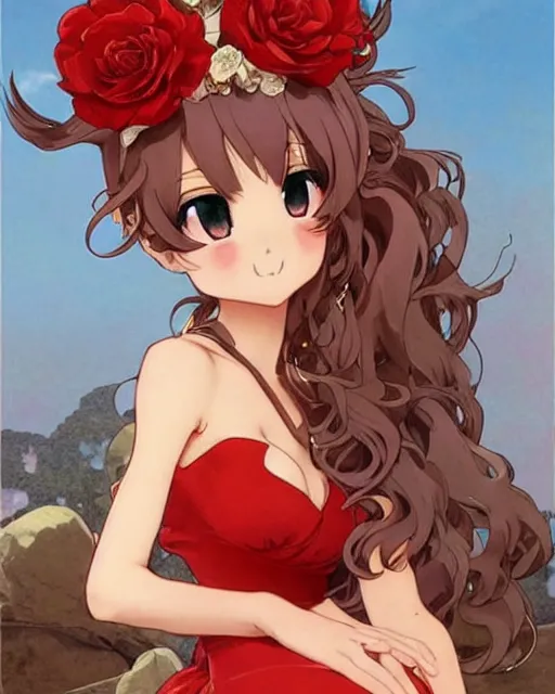 Image similar to A cute frontal fullbody painting of a beautiful anime skinny foxgirl with curly brown colored hair and fox ears on top of her head wearing a cute red dress with rose symbolic sitting on the stone looking at the viewer, elegant, delicate, soft lines, higly detailed, smooth , pixiv art, cgsociety, artgem, art by Gil Elvgren alphonse mucha, high quality, digital illustration, concept art