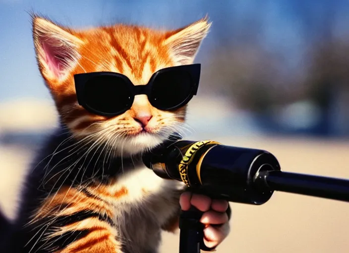 Prompt: a cute kitten with sun glasses handling a bazooka