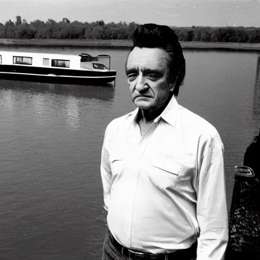 Prompt: high quality photo of johnny cash standing on a canal boat