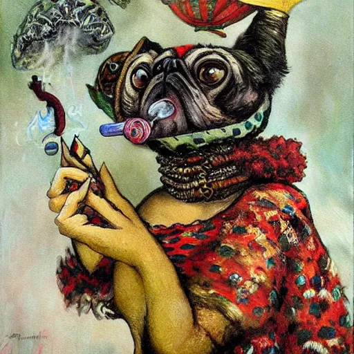 Image similar to pug caterpillar smoking hooka in wonderland, intricate detail, painting, jazz age, miro, royo, frazetta, whealan,