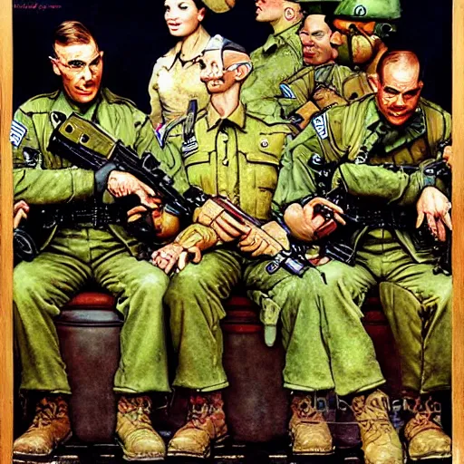 Prompt: soldier and comrads and pepe the frog by norman rockwell