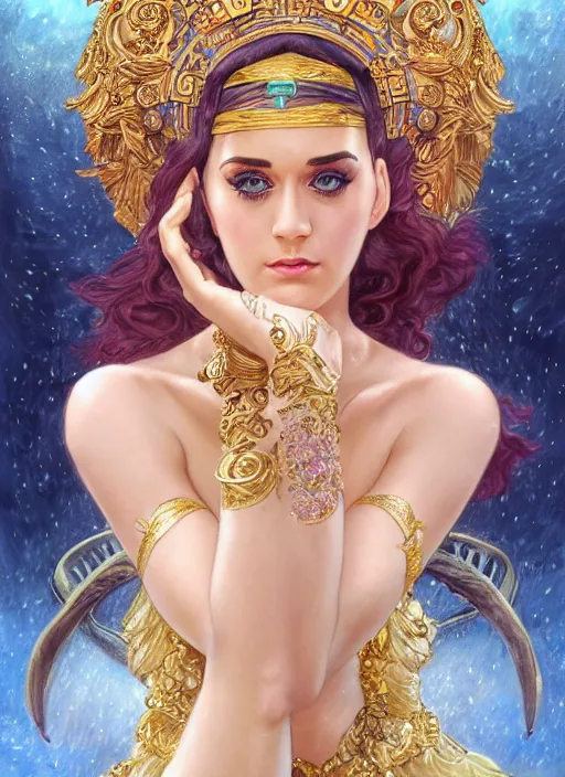 Image similar to Katy Perry as a Greek Goddess, beautiful detailed eyes, cute, fantasy, intricate, elegant, highly detailed, digital painting, 4k, HDR, concept art, detailed jewelry, smooth, sharp focus, illustration, art by Artgerm, H R Giger and Alphonse Mucha