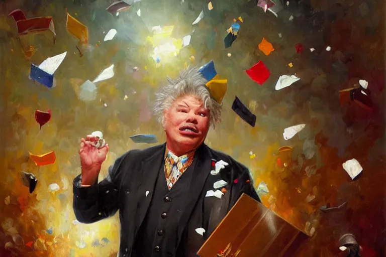 Prompt: portrait of rip taylor throwing confetti during a funeral service, an oil painting by ross tran and thomas kincade