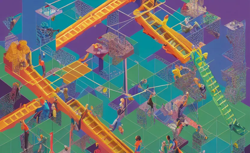 Prompt: chutes and ladders. centered award winning acrylic painting, isometric illustration by beeple, edited by mc escher, detailed by raqib shaw, popsurrealism, symmetrically isometrically centered