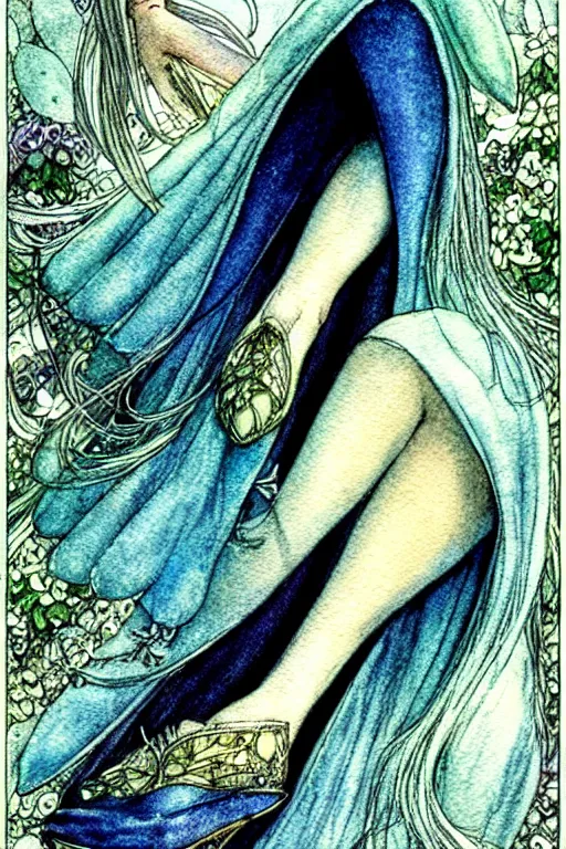 Prompt: closeup foot shot of cinderella crystal slipper, fantasy art, trending on artstation, sleeping beauty fairytale, art by luis royo and walter crane and kay nielsen, watercolor illustration,