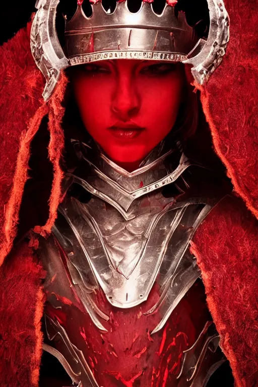Image similar to the blood crown queen wear the scarlet armor, cinematic lighting, various refining methods, micro macro autofocus, ultra definition, award winning photo