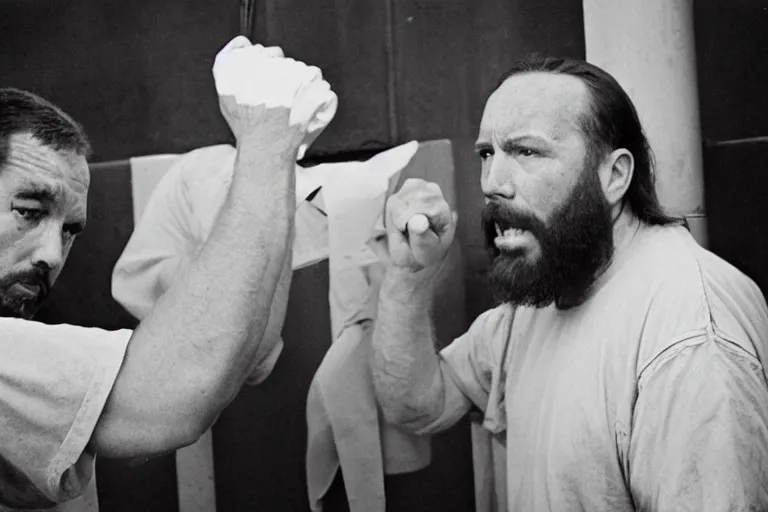 Prompt: jesus christ squaring off against alex jones in prison, full shot, 1 3 5 film photograph