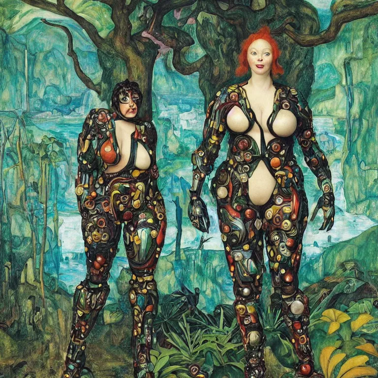 Image similar to a healthy curvy grinning dryad lady wearing a catsuit, who looks like a cybernetic alien stands pround in the middle of a river valley. around her are tropical birds and orchids. painted by jan van eyck, egon schiele and max ernst, trending on artstation, 8 k, award winning, high octane