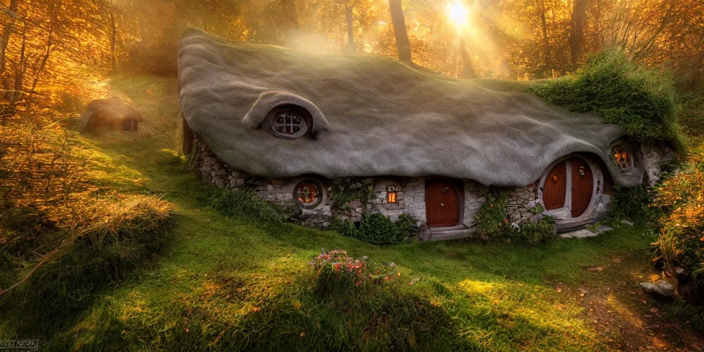 Image similar to a hobbit cottage on top of a steep hill, highly detailed, autumn sunlights, smoky atmosphere, ( ray of sunlight ), trending on artstation, photorealism, canon 5 d, 3 5 mm lens, sharp details, 8 k, ultra wide angle, zenith view, lens effect