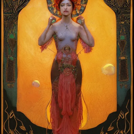 Image similar to queen of the dawn with her lantern and birds, by Annie Swynnerton and Nicholas Roerich, bioluminescent skin, floral tattoos, elaborate costume, geometric ornament, symbolist, smooth, sharp focus, extremely detailed, unreal engine