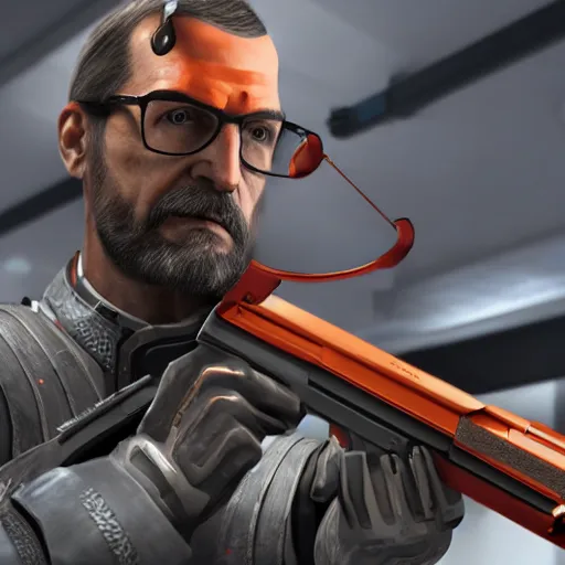 Prompt: gordon freeman in a hev suit with glasses holding a gun, computer graphics by mor than, trending on cg society, antipodeans, hd mod, playstation 5 screenshot, hyper - realistic