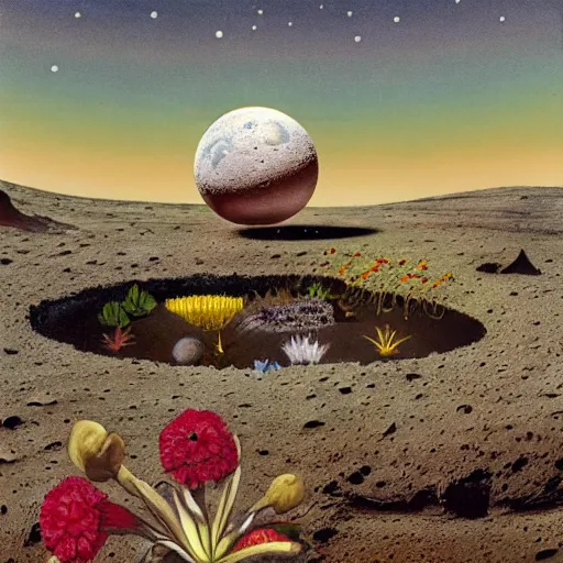 Prompt: a landscape on the moon with many craters, barren moon landscape, a broken moon lander, in a big crater at the center there is a beautiful flowering garden, 8 k, lowbrow in the style of roger dean and martin johnson heade and daniel merriam,