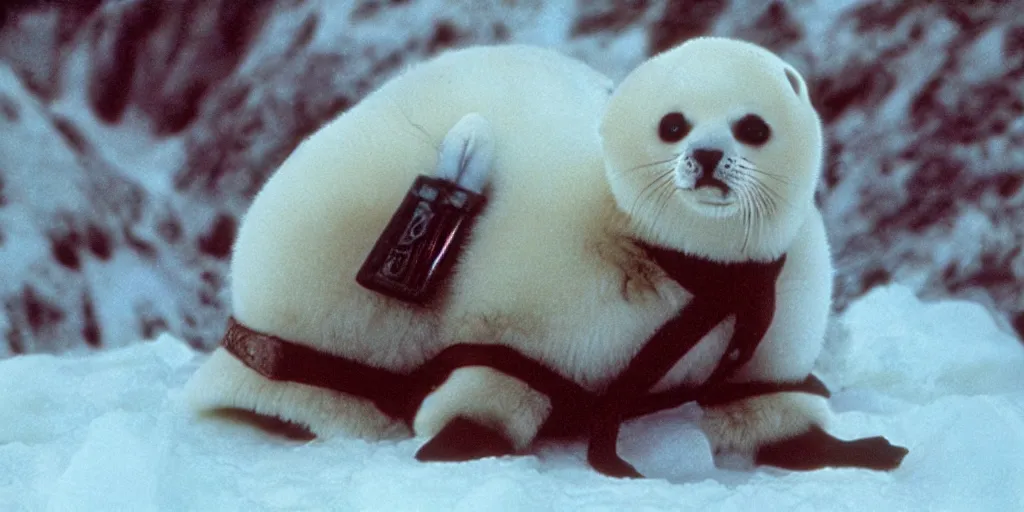 Image similar to a baby harp seal dressed as geralt from the witcher, film still