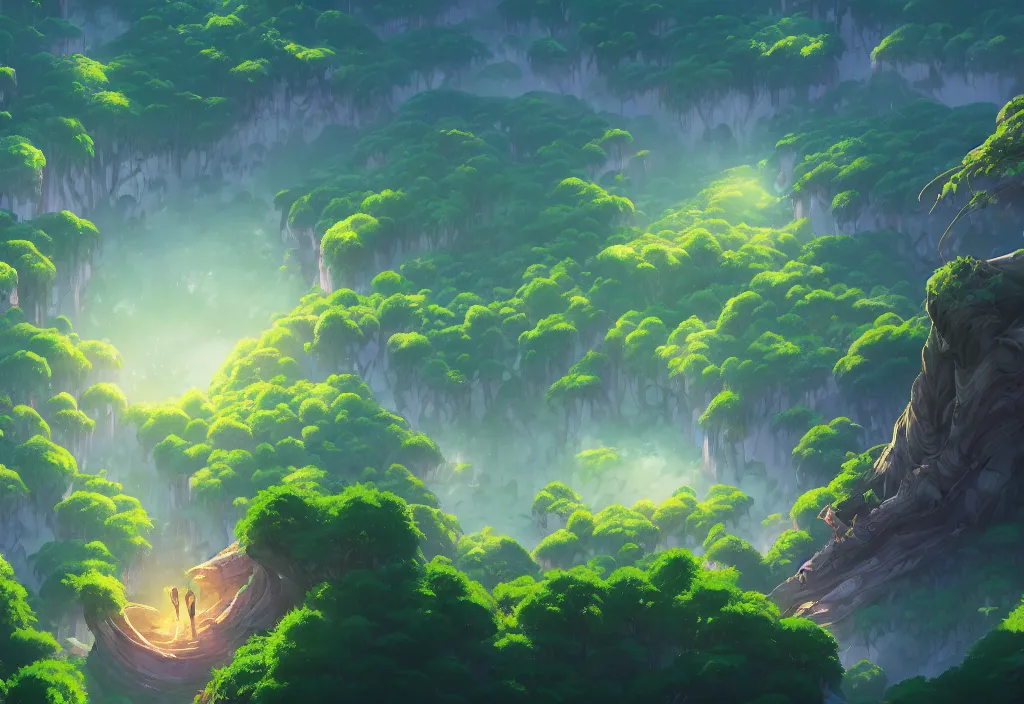 Image similar to high view of the background of a forest that has an endless pit in the bottom of the image, visible brush strokes, forest, dynamic lighting, aesthetics, smooth, d & d, fantasy, asymmetrical, elegant, matte painting, by makoto shinkai borderlands and by feng zhu rossdraws, fan art, cartoon style