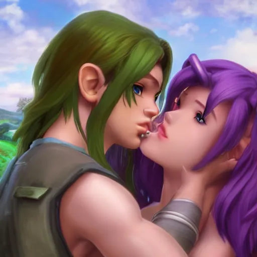 Prompt: female link and malon kissing, realistic, 3 d, raytracing, hd, max settings