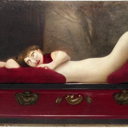 Image similar to - i full - bodied beautiful girl dead in a red coffin wood box, aristocrat