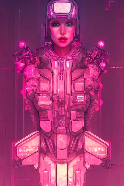 Prompt: beautiful cottagecore cyberpunk synthwave warrior, intricate, elegant, concept art, smooth, sharp, focus, pink neon lights, futuristic, cgsociety, in the style of artstation